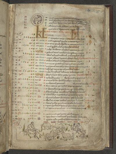 Cotton Julius A. VI, f.5, Mayıs ayı takvim sayfası: Çobanlar ve sürü (parşömen) by English School