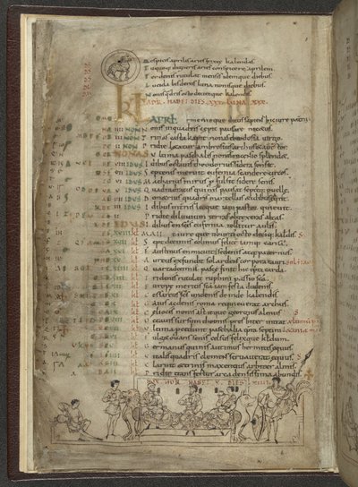 Cotton MS Julius A. VI, f.4v, Nisan için Takvim sayfası: Üç asilzade ile ziyafet sahnesi (parşömen) by English School