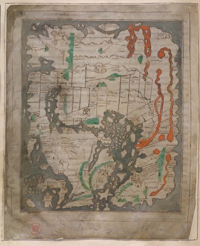 Cotton Tiberius B.V, Bölüm 1, f.56v Tiberius Haritası, Dünya Haritası (parşömen üzerinde) by English School