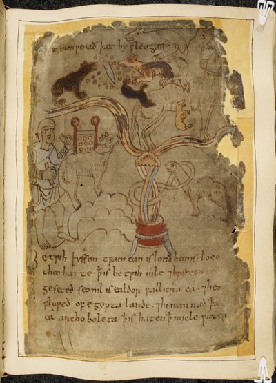 Cotton Vitellius A. XV, f.101r, Bağlı bir deveye saldıran köpek benzeri üç karınca, tunikli adam, Beowulf
