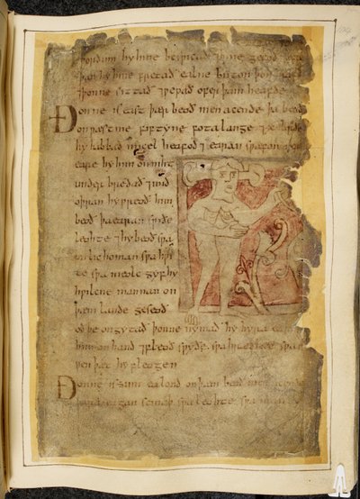 Cotton Vitellius A. XV f.104r, Bir panotii, yani kulakları gövdelere çıkıntı yapan, yaya benzeyen bir nesne tutan bir adam, Beowulf