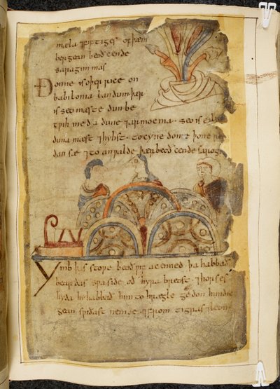 Cotton Vitellius A. XV f.105, altın bir asma ağacı; üç kişi konuşuyor, en iyi incilerin bulunduğu Kızıldeniz