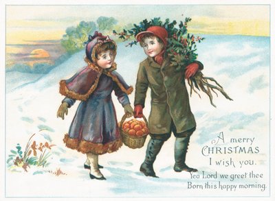 Meyve ve holly sepeti taşıyan çift, Noel Kartı by English School