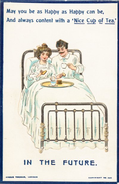 Yatakta çay içen çift, kart by English School