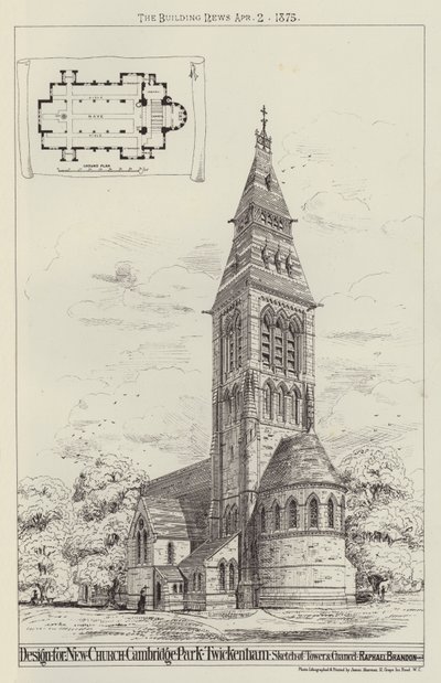 New Church, Cambridge Park, Twickenham, Sketch of Tower ve Chancel için tasarım (gravür) by English School