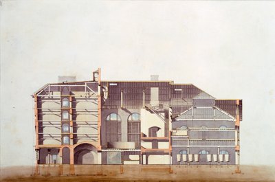 Stag Brewhouse için tasarım, George Saunders'ın ofislerinden orijinal el yazması çizimi, c.1807 (kalem, tuvalet ve kalem ve kağıt üzerine mürekkep) by English School