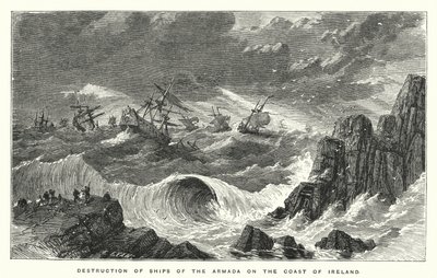 İrlanda kıyısındaki Armada gemilerinin imhası (gravür) by English School