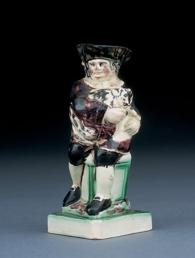 Dick Whittington sürahisi, yüksek arkalıklı bir sandalyeden yükselen, kedisini tutan, kahverengi, yeşil ve siyah giysilerle sıçrayan, yanında kalıplanmış bir kalkan, 1790 dolayları by English School