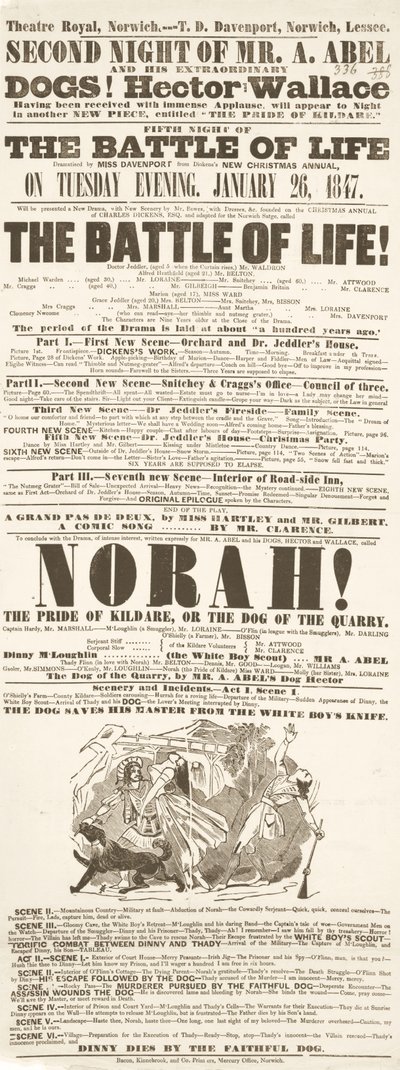 Dickens playbill: The Battle of Life, Theatre Royal, Norwich, 26h Ocak 1847 by English School
