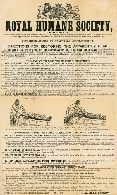 Görünürde ölü olanı restore etmek için talimatlar; Royal Humane Society tarafından Mayıs 1872