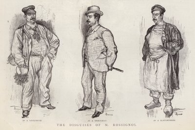 Parisli polis dedektifi Gustave Rossignol (litho) tarafından kullanılan kılıklar by English School
