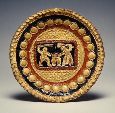 Bir erkek ve bir kadın bir çift pantolon için tartışıyorlar (kurşun sırlı çanak çömlek) by English School