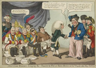 Doktor Boney_Bringing the Powers to Pot, ya da John Bull ve arkadaşları oldukça utangaç, pub. 1808 (el renkli gravür) by English School