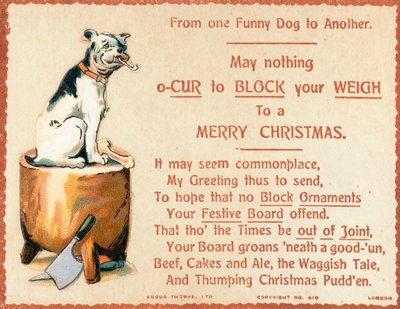 Doğrama bloğu, Noel kartı üzerinde oturan köpek by English School