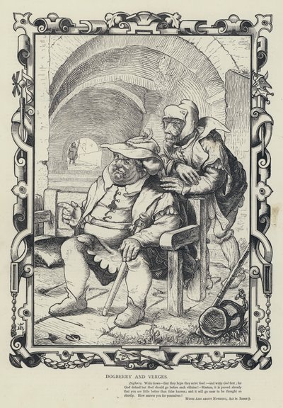 Dogberry ve Verges, Hiçbir Şey Hakkında Çok Ado, Act IV, Sahne 7 (gravür) by English School