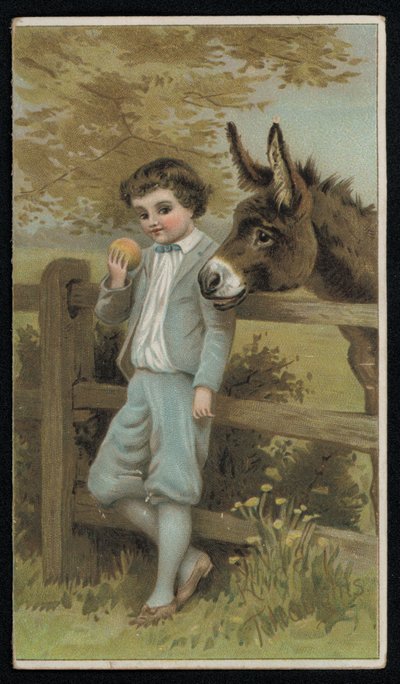 Eşek elmalı bir çocuğu izliyor, tebrik kartı. (kromolito) by English School