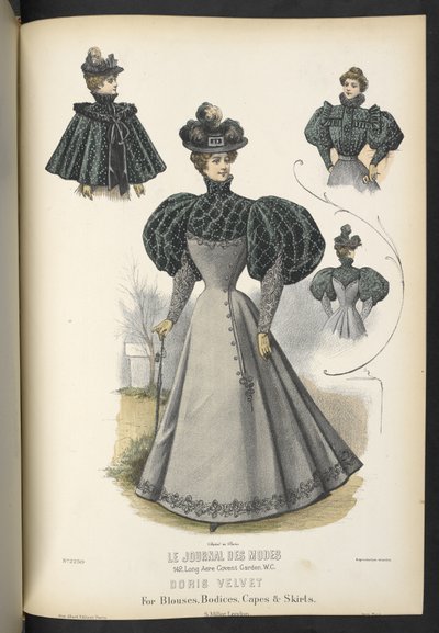 Doris kadife, Bluzlar, korsajlar, pelerinler ve etekler için,  Plaka 2250, bluzlar, korsajlar, pelerinler ve etekler için Doris kadife,  terzi ve değirmenci,  1895 by English School