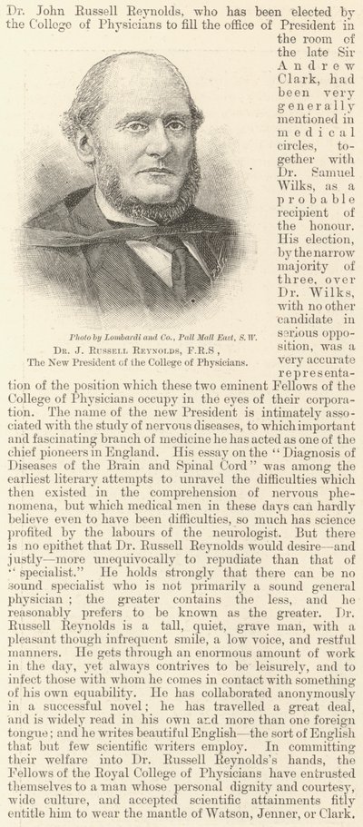 Dr J Russell Reynolds, FRS, College of Physicians