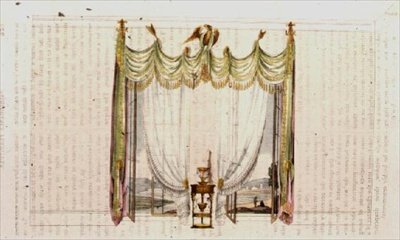 Çizim Odası Pencere Perdesi ve Çalışma Masası, Ackermann's Repository of Arts'tan levha 104, 1809-28'de yayınlandı (renkli litho) by English School