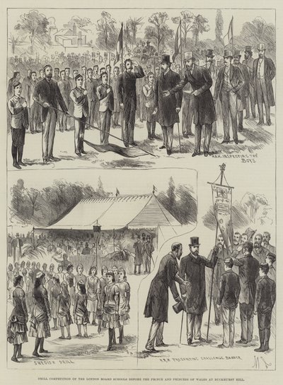 Buckhurst Tepesi'nde Galler Prensi ve Prensesi'nin huzurunda Londra Board Okullarının Tatbikat Yarışması (gravür) by English School