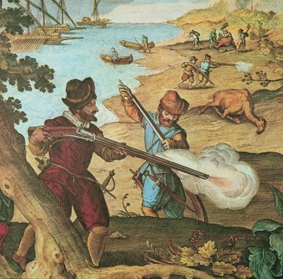 Kibritli tüfeklerle donanmış Hollandalı denizciler, gemilerini yeniden doldurmak için develeri vuruyor (el renkli gravür) by English School