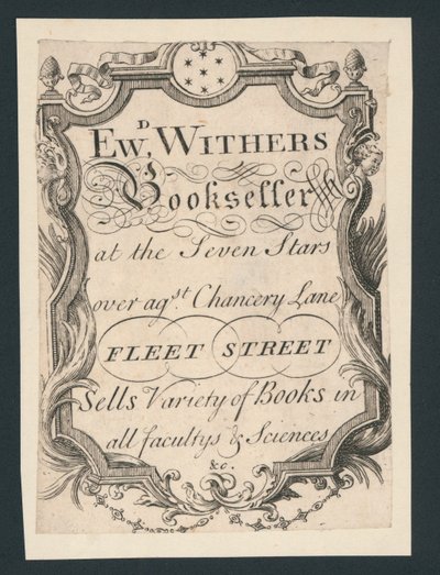 Edward Withers, Bookseller, Chancery Lane, Fleet Street, ticari kart by English School