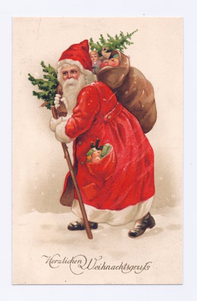 Omuzunda bir Noel ağacı ve bir çuval oyuncak taşıyan Noel Baba