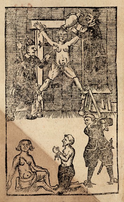 Ör. 1475 f.1 Amboyna'daki Hollandalı Yerleşimciler, Doğu Hint Adaları'ndaki İngiliz ticaretine son veren 1623 katliamından önce bir İngiliz tüccara işkence yapıyor (tahta baskı) by English School