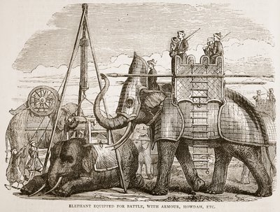 Savaş için donanmış, zırhlı, uluyan vs. ile donatılmış fil, James Grant tarafından yazılan Cassells Illustrated History of India