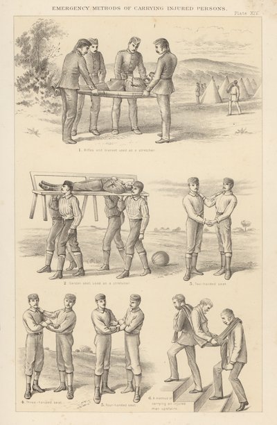 Yaralıları taşımak için acil durum yöntemleri (gravür) by English School