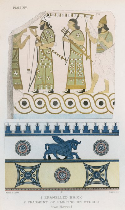 Emaye tuğla, Sıva üzerine resim parçası, Nimroud (renkli litografi) by English School