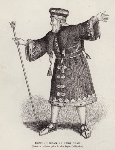 İngiliz aktör Edmund Kean, Shakespeare'in King Lear'ında (litho) başrolde by English School