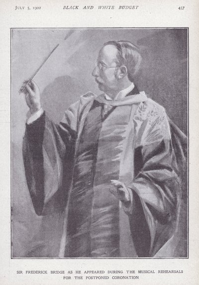 İngiliz besteci, org ve orkestra şefi Sir Frederick Bridge, Kral Edward VII'nin ertelenen taç giyme töreni için prova yapıyor by English School