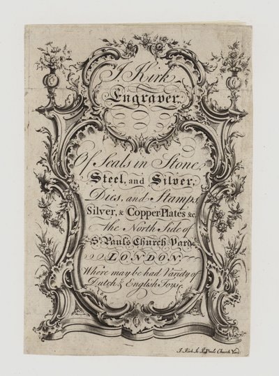 Mühürlerin Gravürleri, J Kirk, ticaret kartı by English School