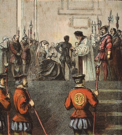 İskoç Kraliçesi Mary'nin İnfazı, pub. 1890 (renkli litografi) by English School