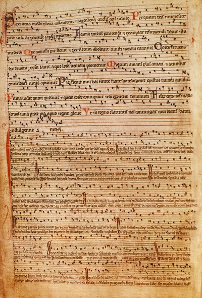 F.154v Ortaçağ Müzik Notasyonu (lito) by English School