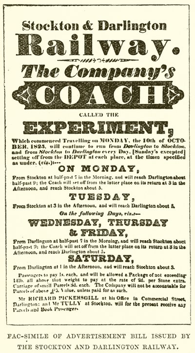 Stockton ve Darlington Demiryolu tarafından yayınlanan Reklam Yasasının Fac-Simile by English School