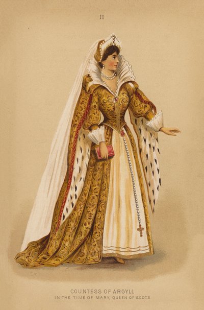 Süslü kıyafetler: İskoç Kraliçesi Mary Döneminde Argyll Kontesi (renkli taş baskı) by English School