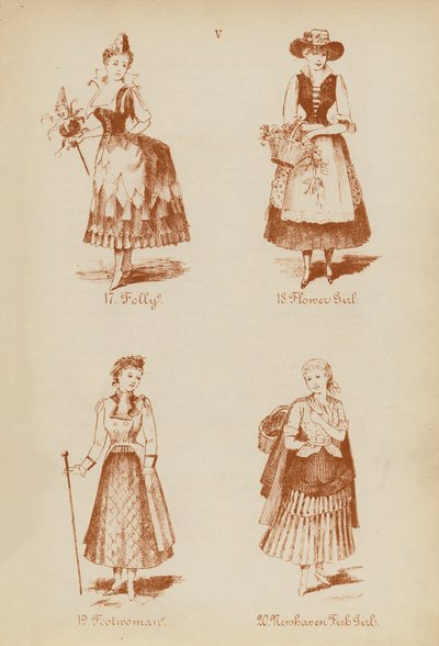 Süslü elbise kıyafetleri: Folly, Flower Girl, Foolwoman, Newhaven Fish Girl (litho) by English School