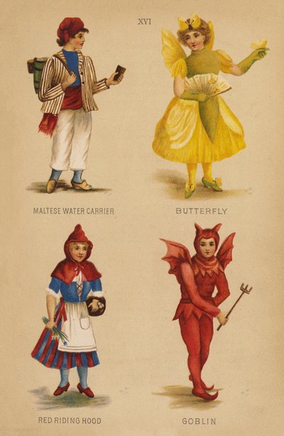 Süslü elbise kıyafetleri: Malta Su Taşıyıcısı, Kelebek, Kırmızı Başlıklı Kız, Goblin (renkli litho) by English School