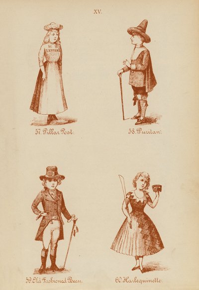 Süslü elbise kıyafetleri: Pillar Post, Puritan, Old Fashioned Bean, Harlequinette (litho) by English School