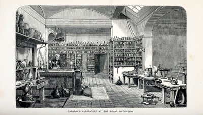 Faraday'ın Kraliyet Enstitüsündeki Laboratuvarı, pub. 1870. by English School