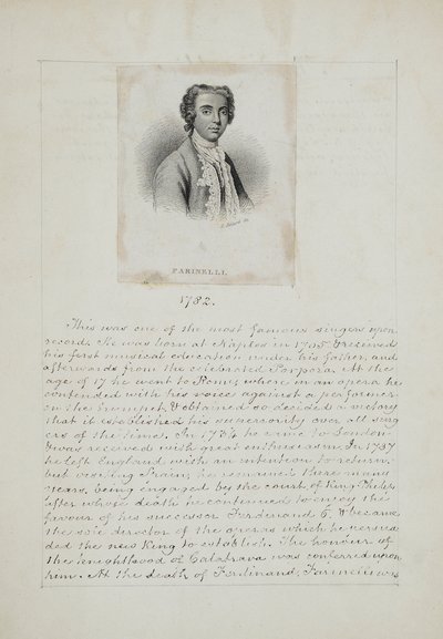 Farinelli, Henry Adlard tarafından gravür (fl.1828-69), c.1830 (kağıt üzerine gravür ve kalem ve mürekkep) by English School