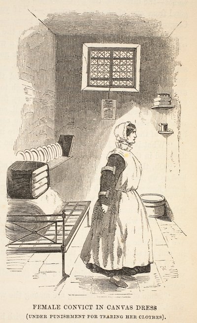 Kanvas elbiseli kadın mahkûm (kıyafetlerini yırttığı için cezalandırılıyor), The Criminal Prisons of London ve Scenes from Prison Life, Henry Mayhew ve John Binny, pub. 1862 (tur by English School