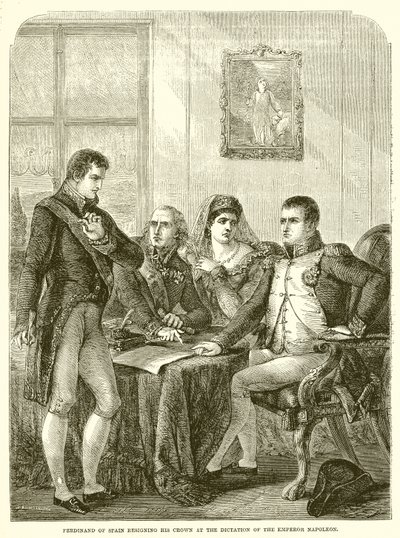 İspanya Kralı Ferdinand, İmparator Napolyon'un Diktesi üzerine tahtından istifa etti. by English School