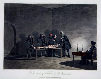 Engizisyonun Birinci Derece İşkencesi, gravür LC Stadler, pub. Cadell & Davies, Londra, c.1813 (renkli gravür) by English School