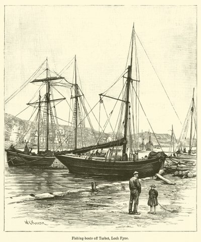 Tarbert, Loch Fyne açıklarında balıkçı tekneleri (gravür) by English School