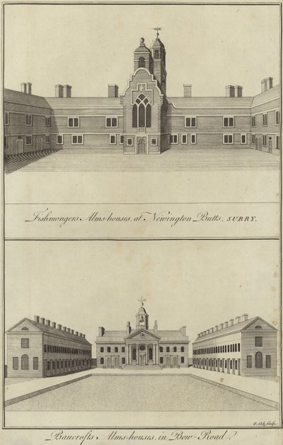 Fishmongers Almshouses, Newington Butts ve Bancrofts Almshouses, Bow Road, Londra by English School