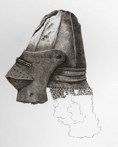 Warwick Kalesi'nden on dördüncü yüzyıl Visored Beşik, neredeyse küresel, Camailie takılı. İngiliz Ordusundan: Kökenleri, İlerlemesi ve Donanımı, 1868'de yayınlandı. by English School