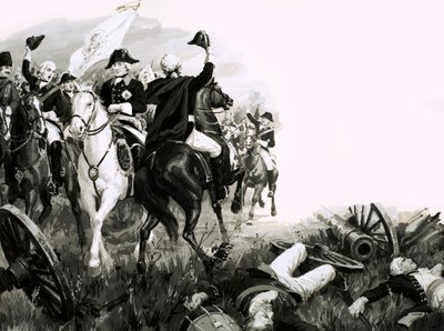 Prusya kralı Büyük Frederick, birlikleriyle savaşta (kağıt üzerinde guaş) by English School